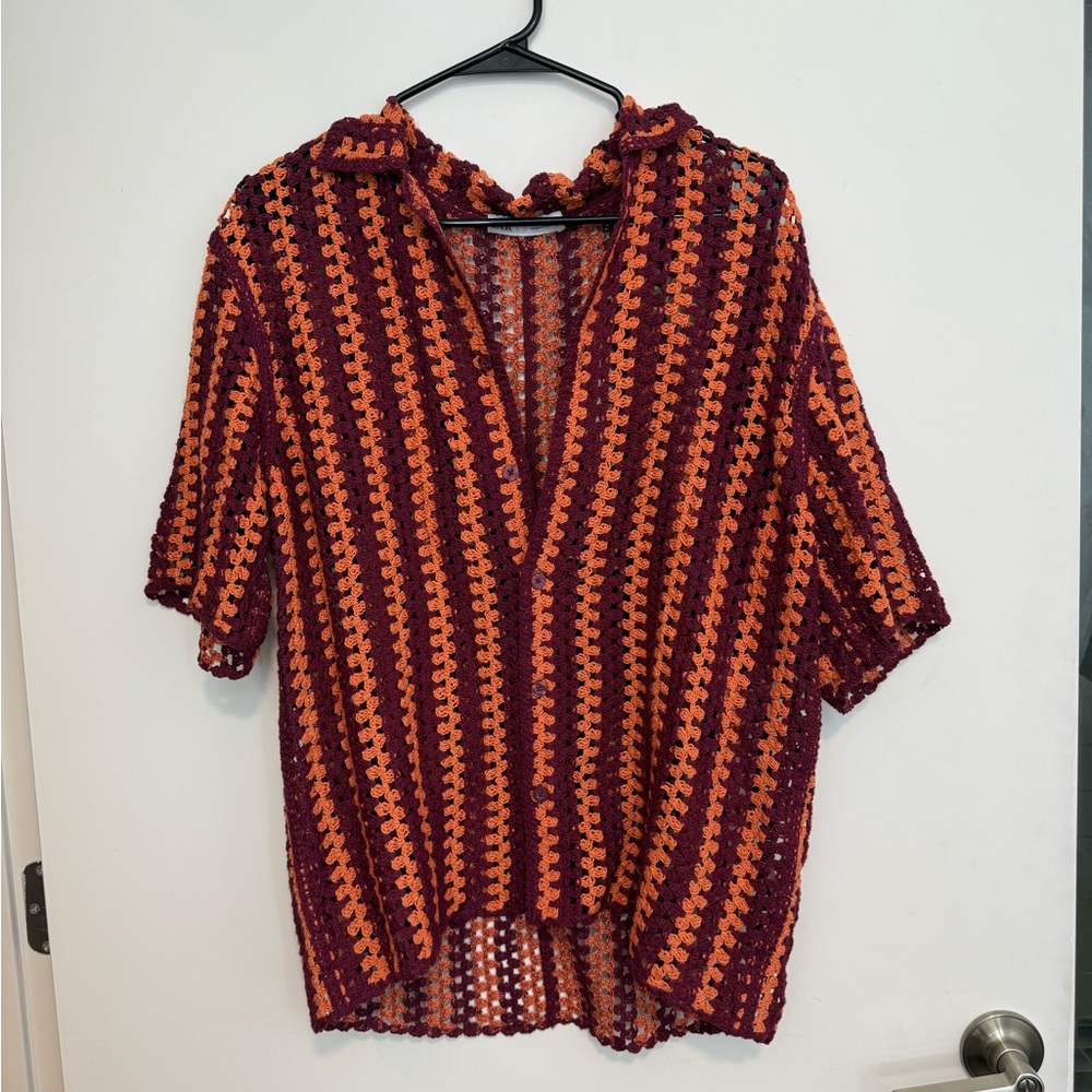 Zara Orange and Purple Striped Casual Button Down Shirt